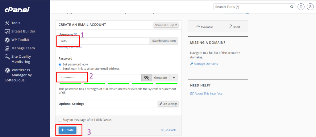 Account creation details in cPanel