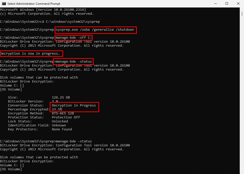 Disable Bitlocker for Sysprep to work