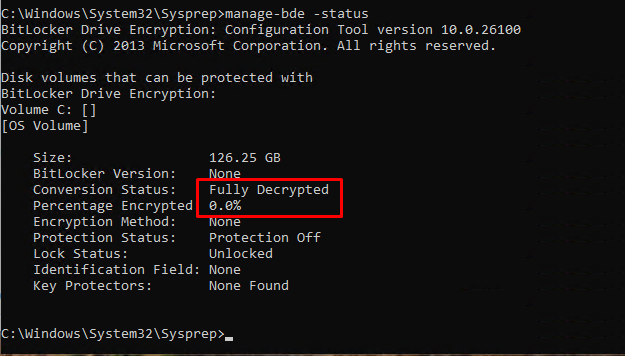 Drive must be fully decrypted before running Sysprep