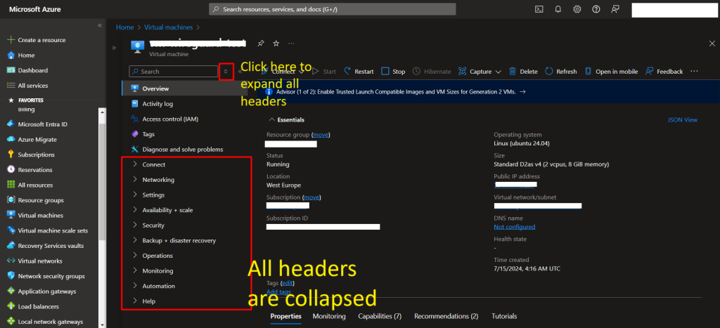 How to expand all headers in the Azure portal service menu