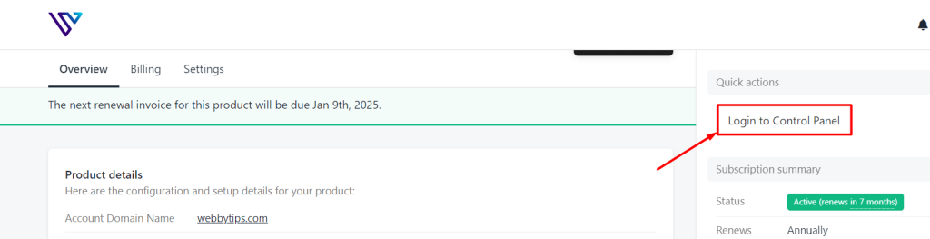 Option to Login to Control Panel from Verpex Dashboard