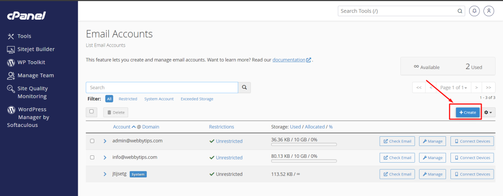 Option to create email account in cPanel