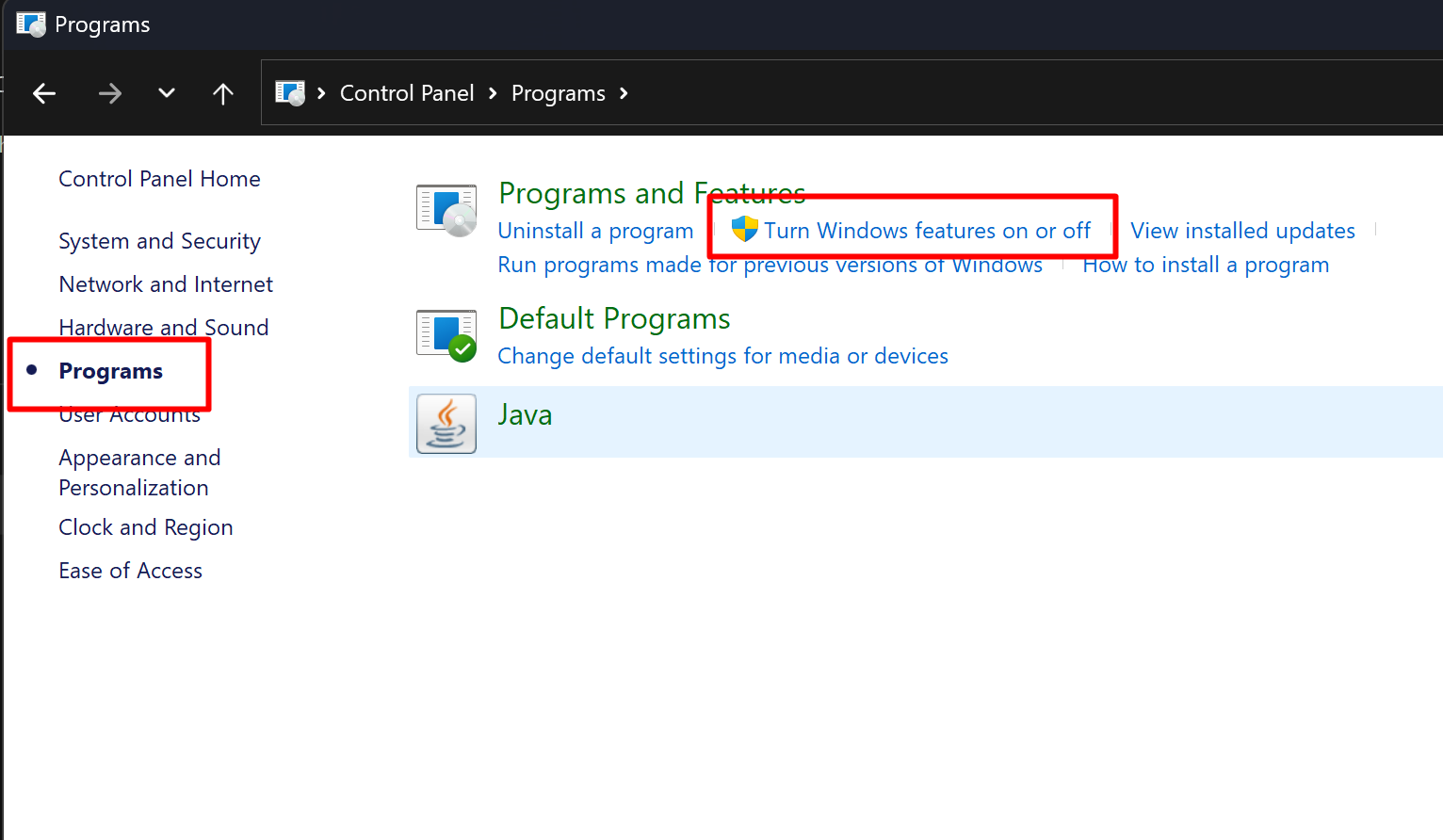 Turn on Windows Features