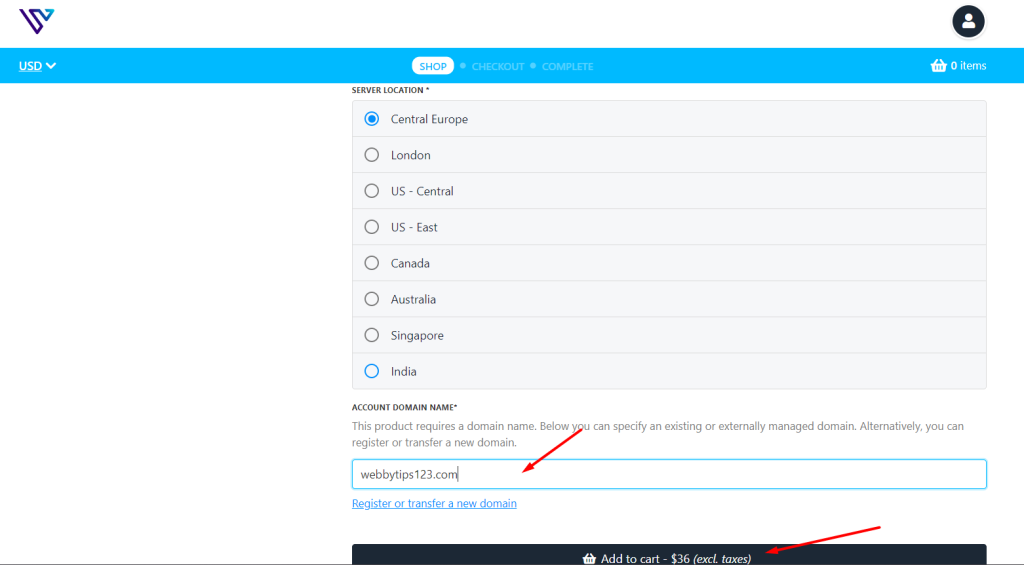 Select location and enter the domain during the Verpex web hosting purchase flow