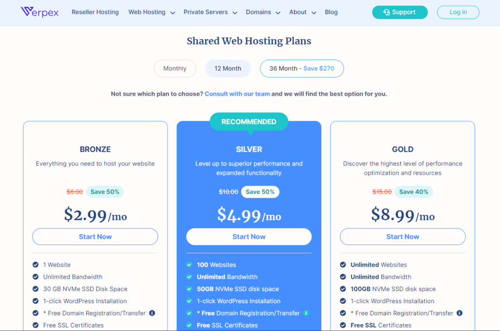 Verpex shared web hosting plans pricing