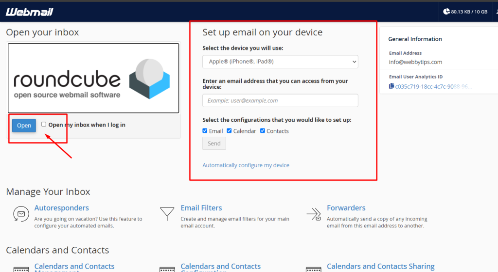 cPanel webmail dashboard
